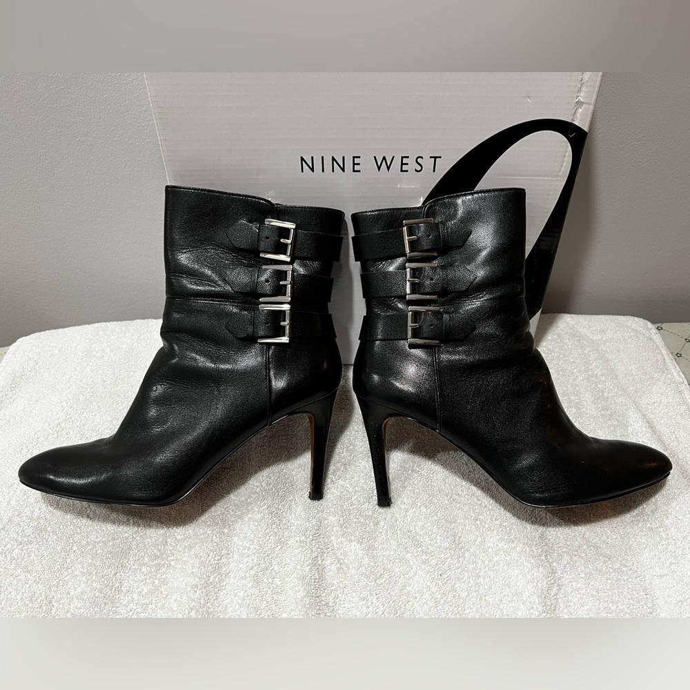 Nine West Black Leather & Silver Buckle High-Heeled Boots-Nearly Brand New
